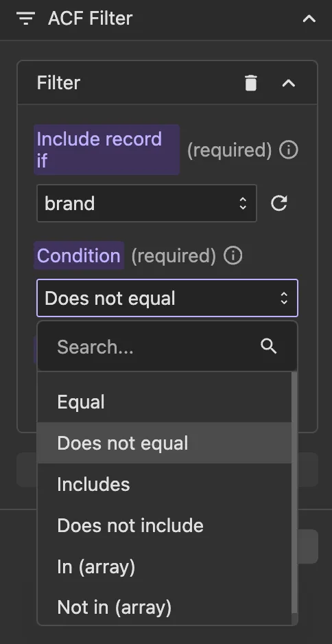 ACF filter condition options